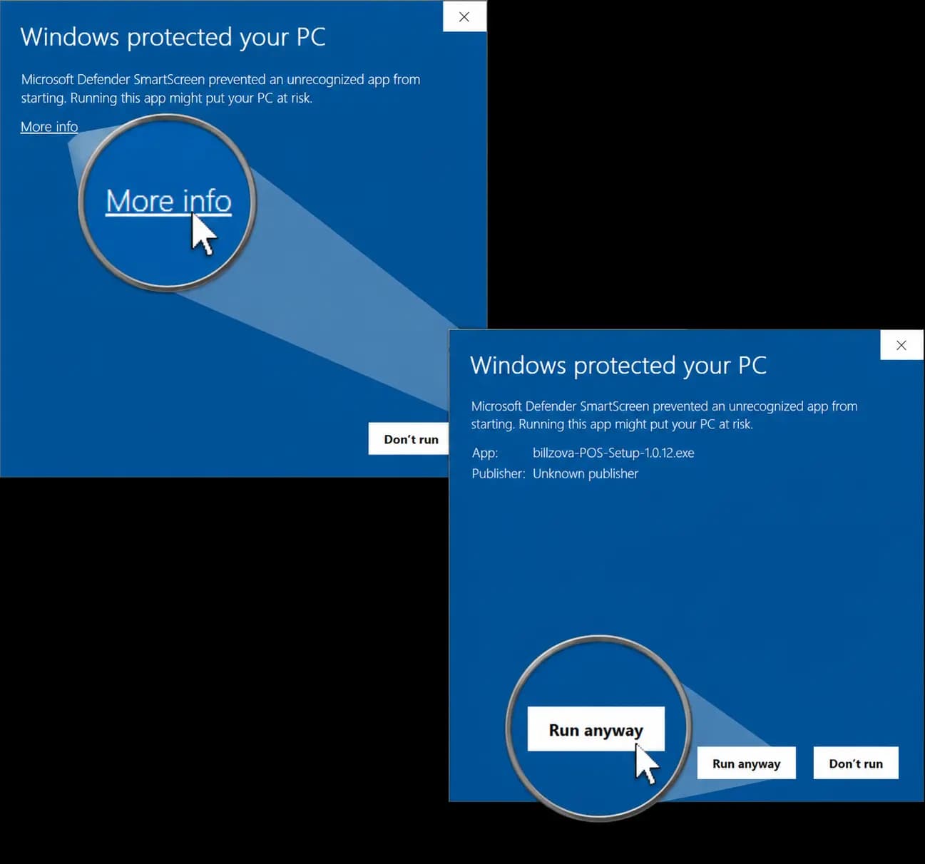 Windows SmartScreen: click More info, then Run anyway to install billzova POS