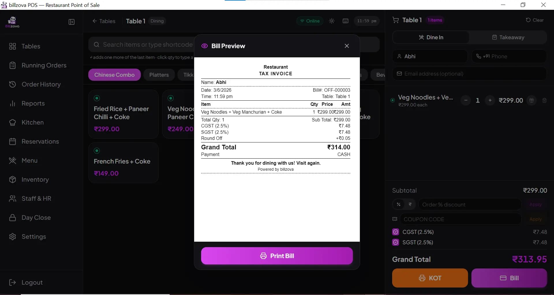 billzova sequential GST invoice number Indian financial year bill print preview restaurant
