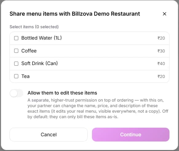 billzova shared menu — sharing specific items with a partner restaurant