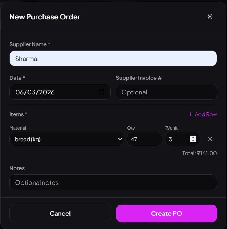 billzova restaurant purchase order supplier management India