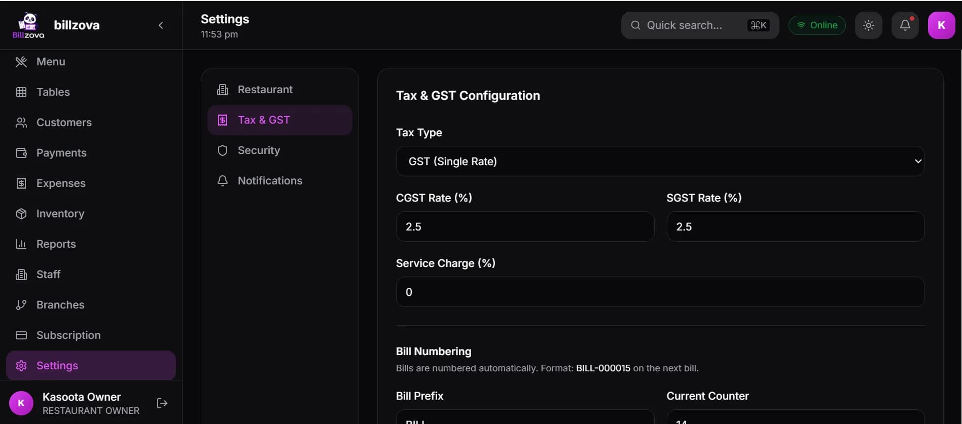 billzova GST HSN SAC menu setup help
