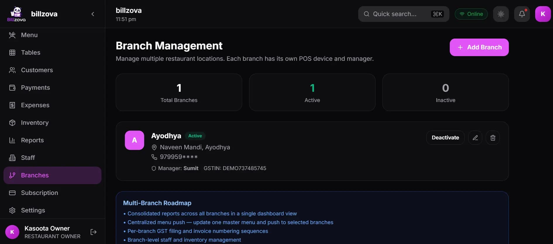billzova multi-branch restaurant management India