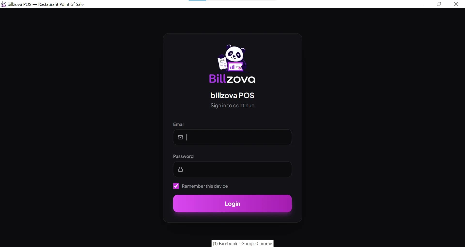 billzova restaurant POS login screen India