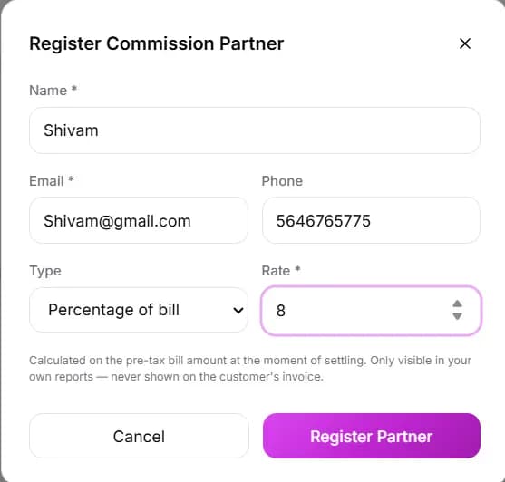 billzova register commission partner — name, email, phone, type and rate