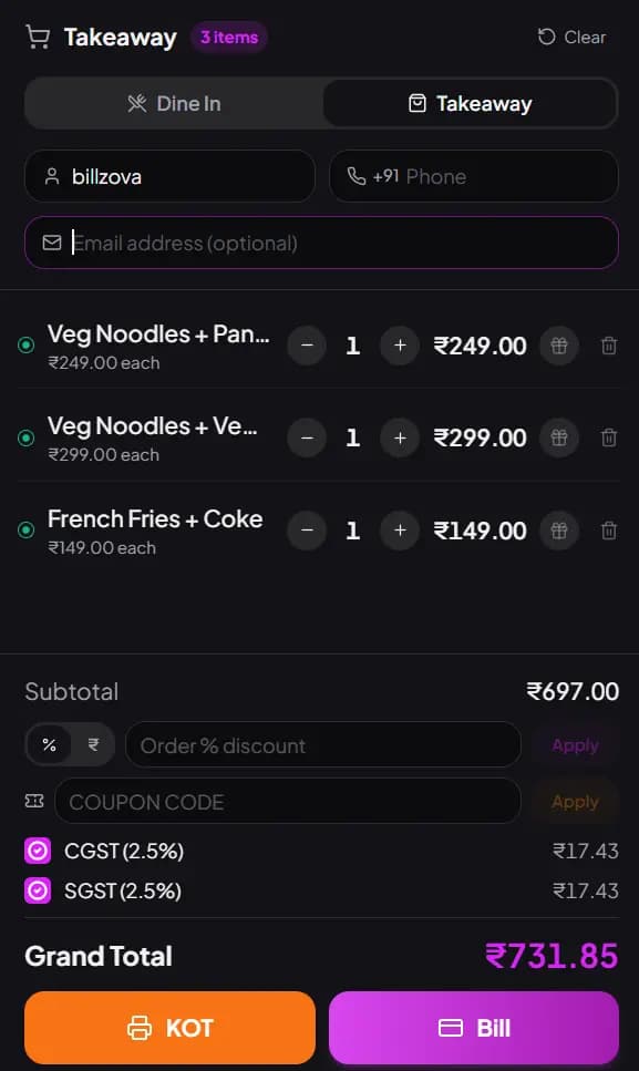 billzova restaurant customer data autosave India