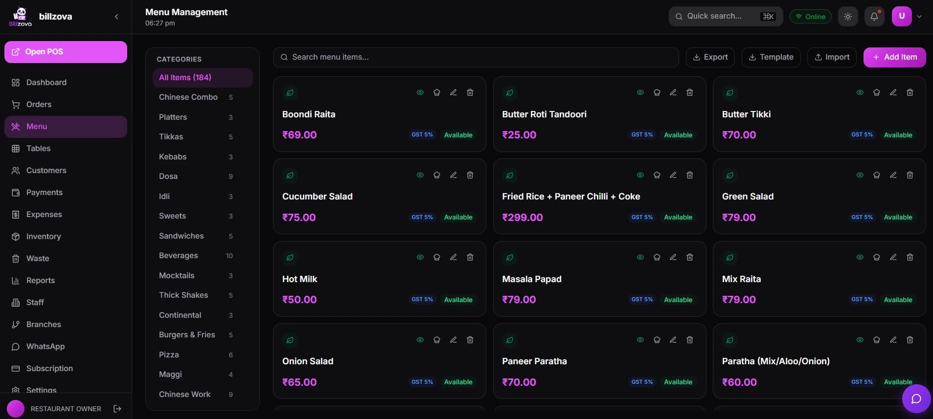 billzova cafe inventory and recipe costing