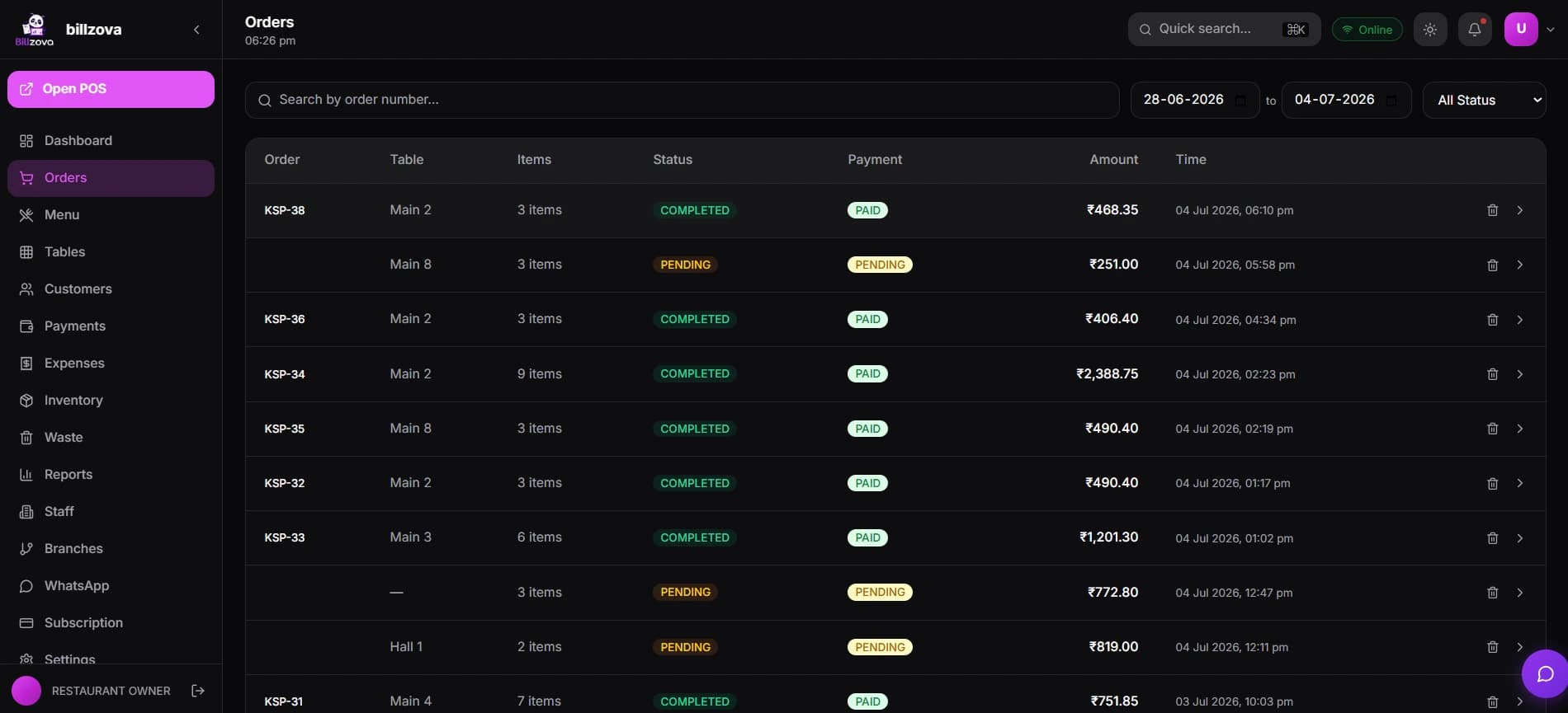 billzova cafe POS — Order History