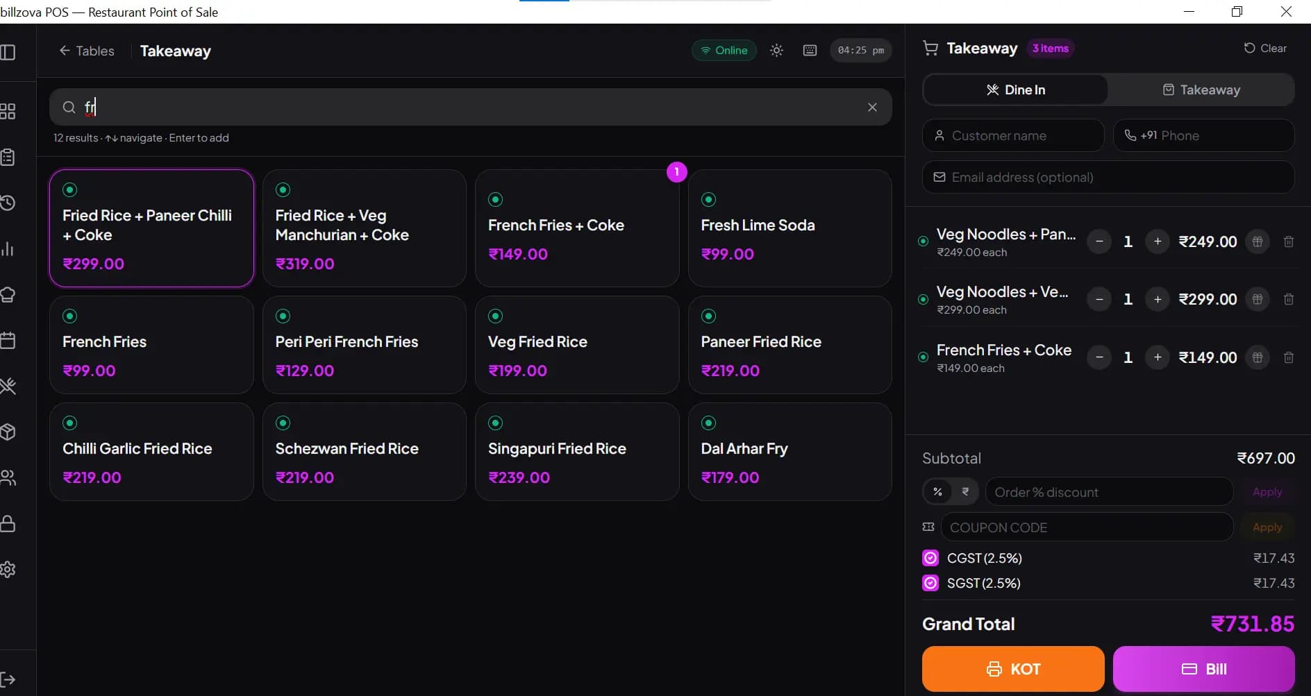 billzova POS dark mode restaurant billing screen with GST calculation India